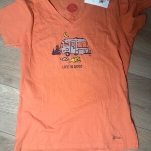 Life is Good NWT Orange Graphic Tee Dog Camping
